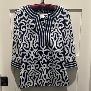 Gretchen Scott Navy and White Tunic Top with contrasting trim; Size XS